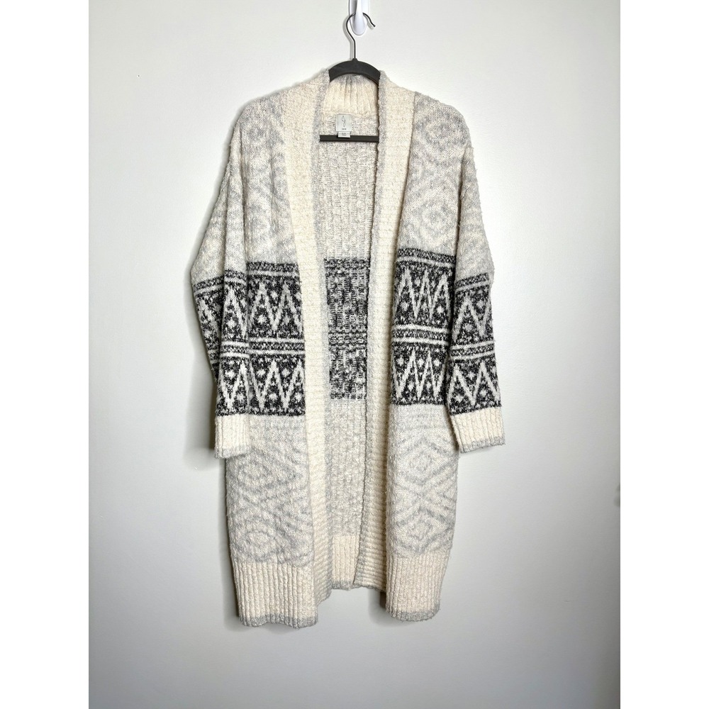 Joie Nordic Fair Isle Long Cardigan Sweater Coat Cream Gray Open Front Size M